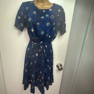 Fabienne Chapot Amsterdam Viscose Blue Whimsical Star Print‎ Helena Dress Size S